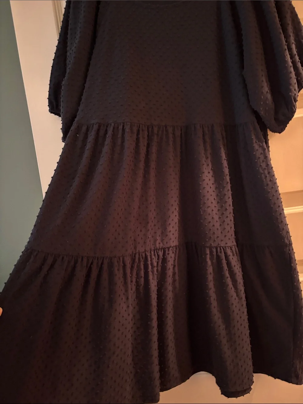 J. Crew Black Textured Tiered Midi Dress with Puff Sleeves